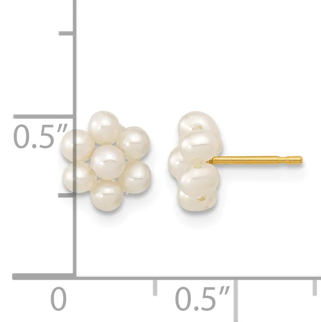 Pair of pearl cluster stud earrings with gold posts, shown next to a ruler indicating approximately 0.5 inches in width.