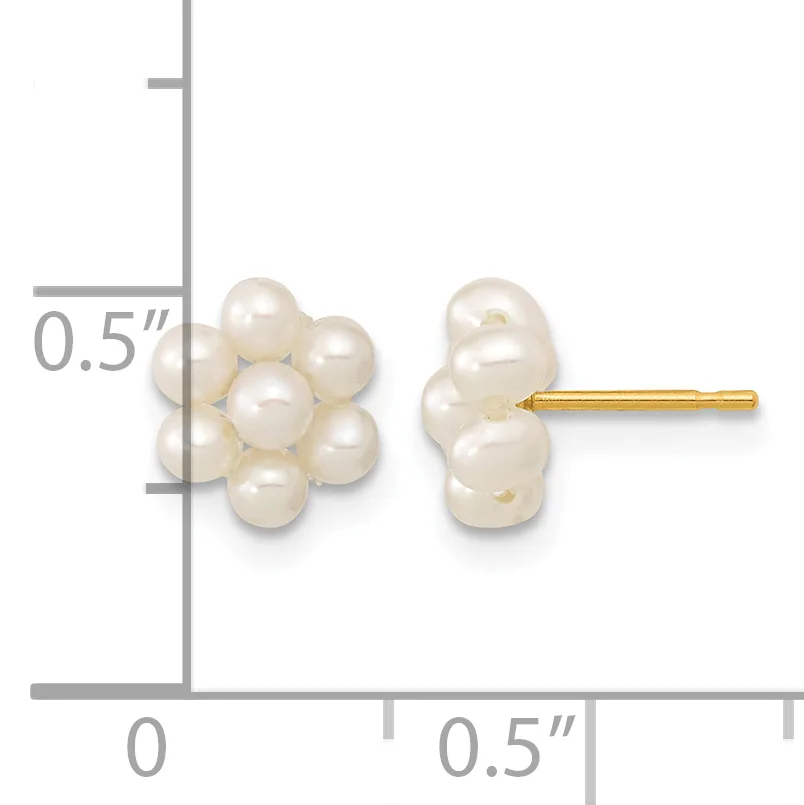 Pair of pearl cluster stud earrings with gold posts, shown next to a ruler indicating approximately 0.5 inches in width.