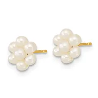 A pair of gold stud earrings, each featuring a cluster of white pearl spheres arranged in a rounded bouquet shape.