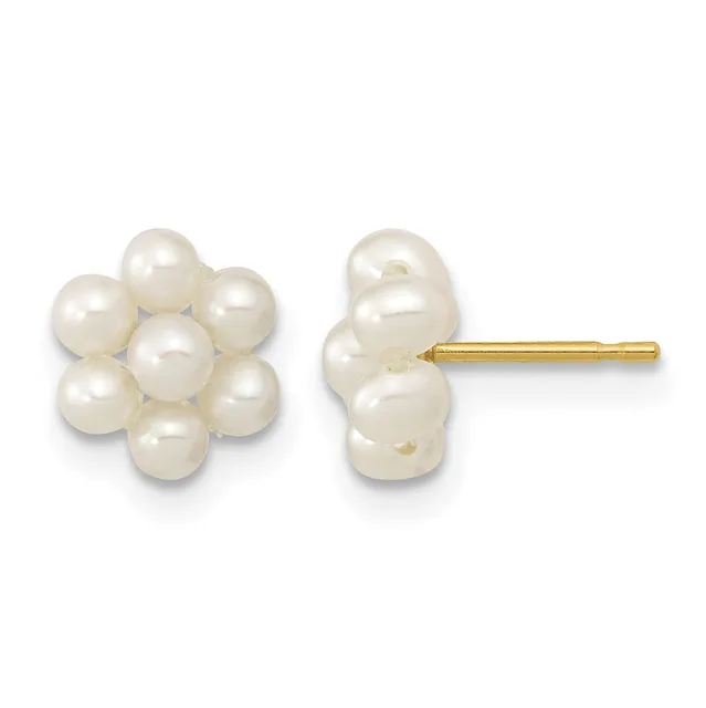 A pair of clustered white pearl stud earrings with gold posts shown from front and side views.