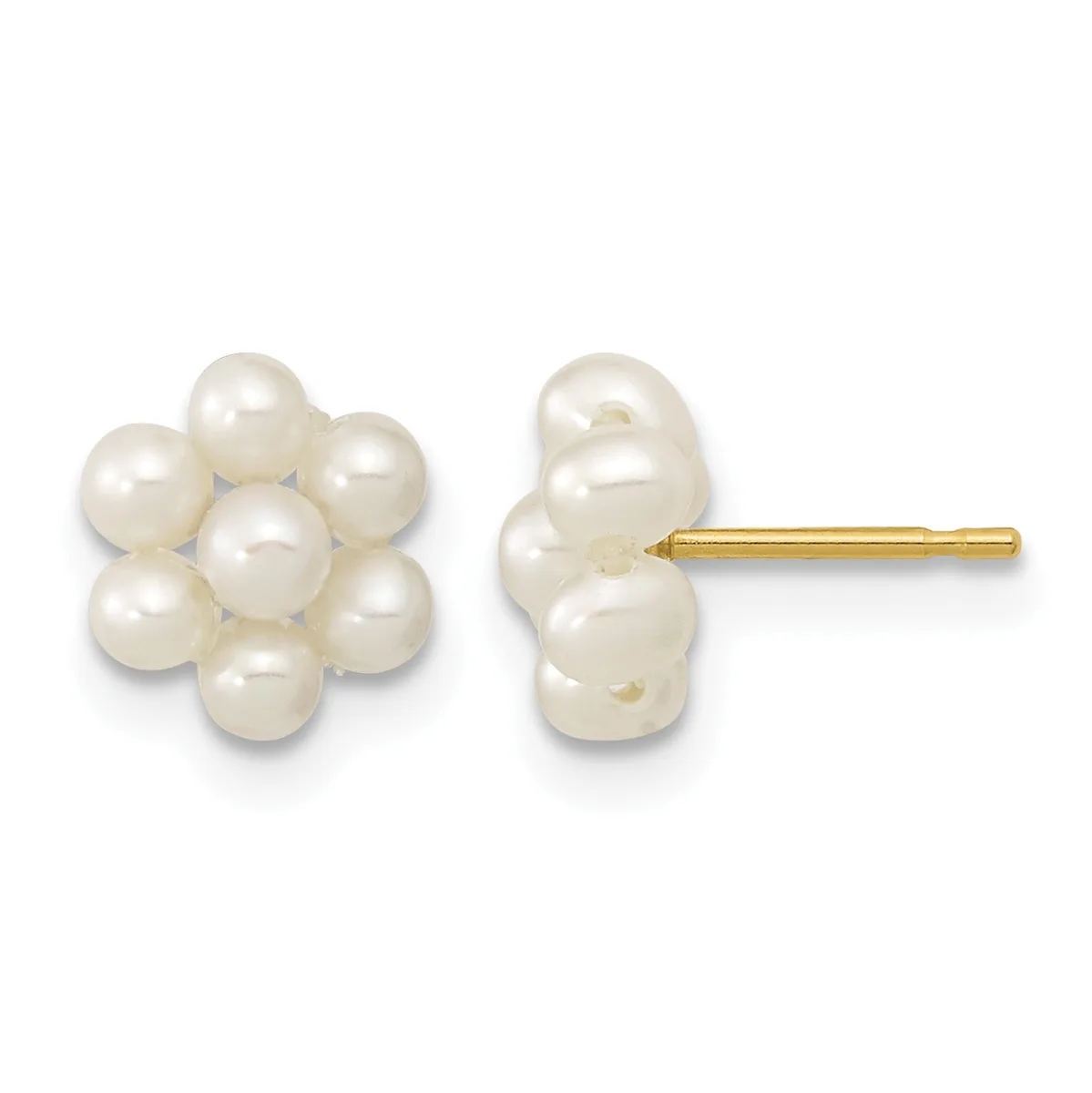 A pair of clustered white pearl stud earrings with gold posts shown from front and side views.