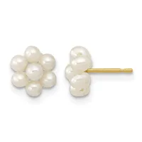 A pair of clustered white pearl stud earrings with gold posts shown from front and side views.