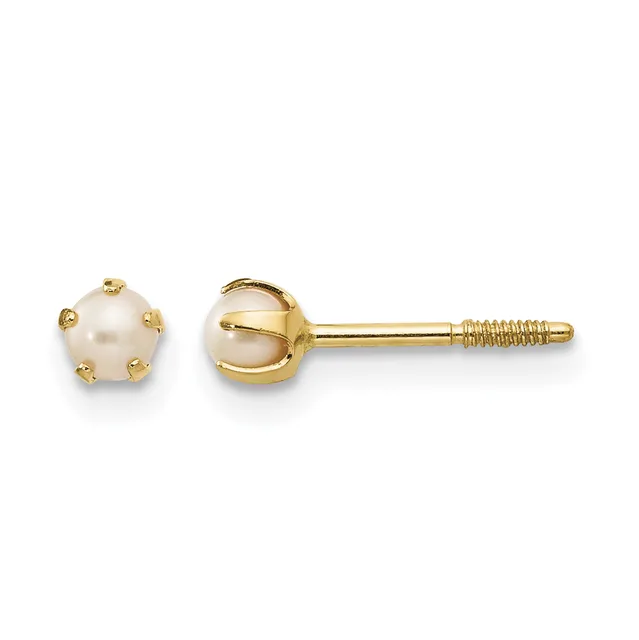 Pair of gold stud earrings with white pearl tops and threaded posts, shown from front and side view.