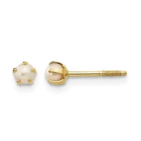 Pair of gold stud earrings with white pearl tops and threaded posts, shown from front and side view.