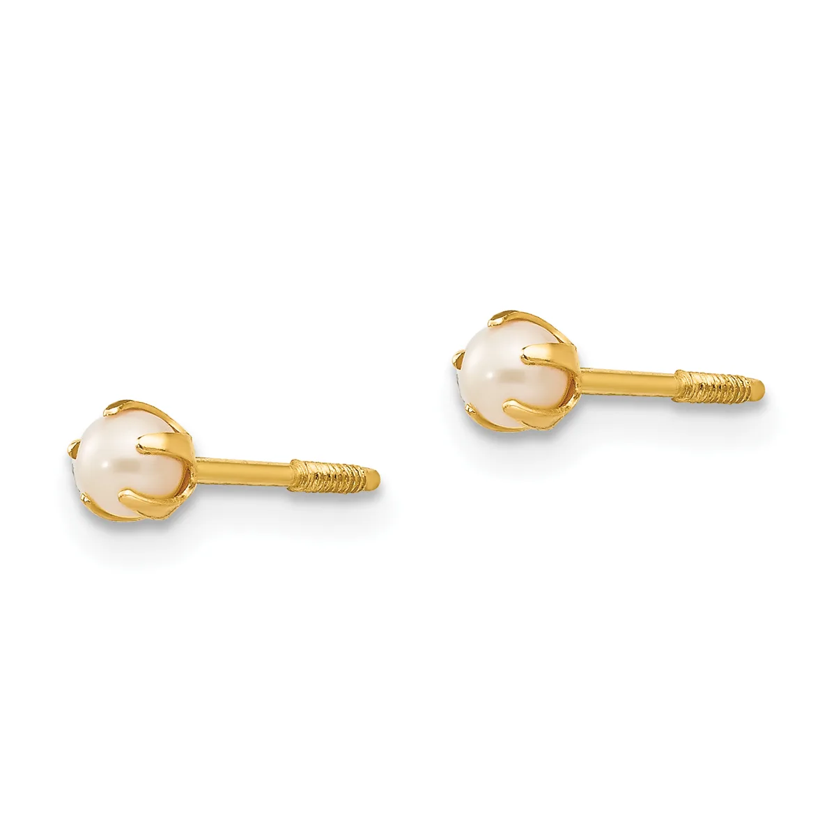 A pair of gold stud earrings with pearl tops set in ornamental gold caps, shown against a white background.