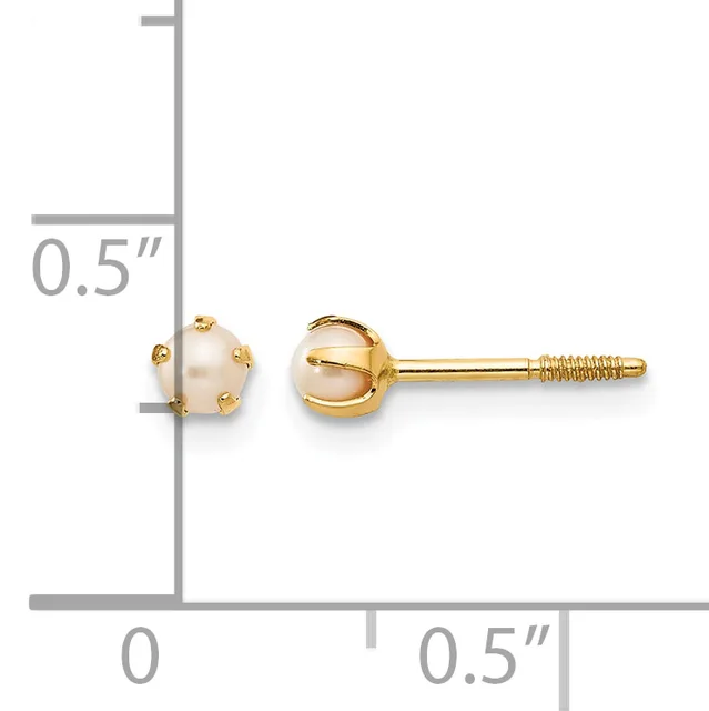 A pair of gold stud earrings with pearl centers and decorative gold caps, displayed against a measurement scale showing approximately 0.5 inches in length.
