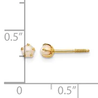 A pair of gold stud earrings with pearl centers and decorative gold caps, displayed against a measurement scale showing approximately 0.5 inches in length.