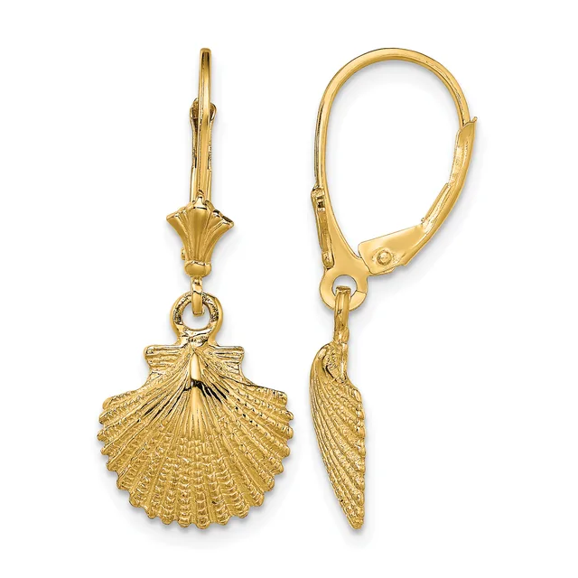 Pair of gold shell-shaped dangle earrings with lever-back closures, shown from front and side views.