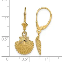 Pair of gold shell-shaped dangle earrings with lever-back closures, shown next to a measurement scale indicating approximately one inch in length.