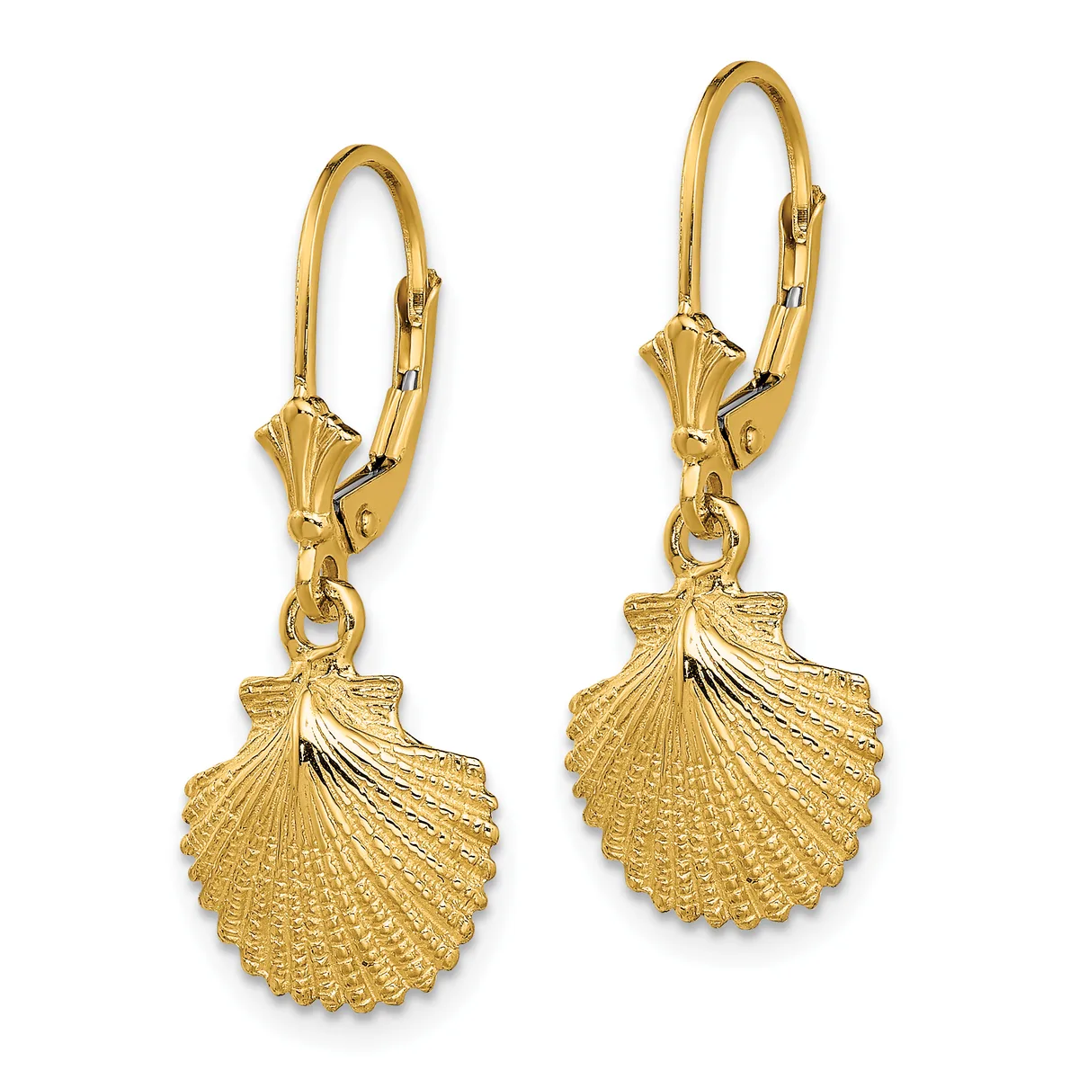 Pair of gold seashell drop earrings with lever-back ear wires and textured shell-shaped pendants.
