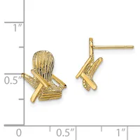 A pair of gold Adirondack chair stud earrings displayed next to a ruler showing they are approximately half an inch tall.