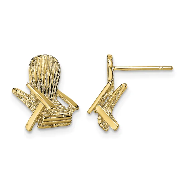 Pair of gold Adirondack chair stud earrings shown from front and side views on a white background.