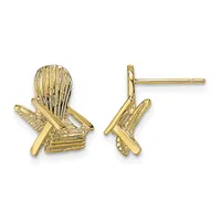 Pair of gold Adirondack chair stud earrings shown from front and side views on a white background.
