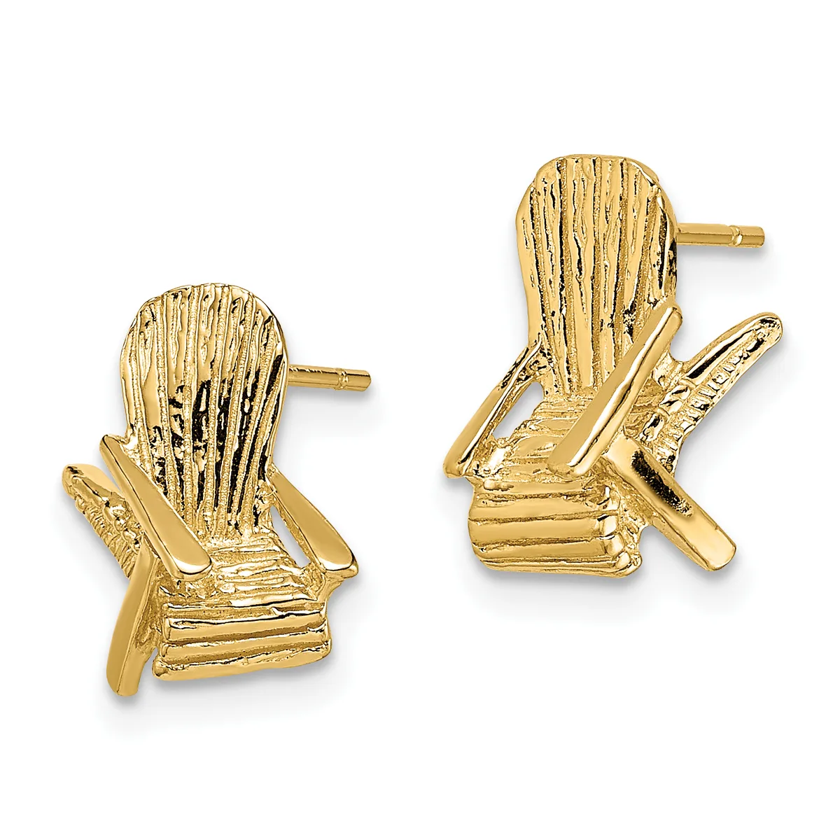 A pair of gold Adirondack chair stud earrings with textured surfaces and posts, shown from the front.