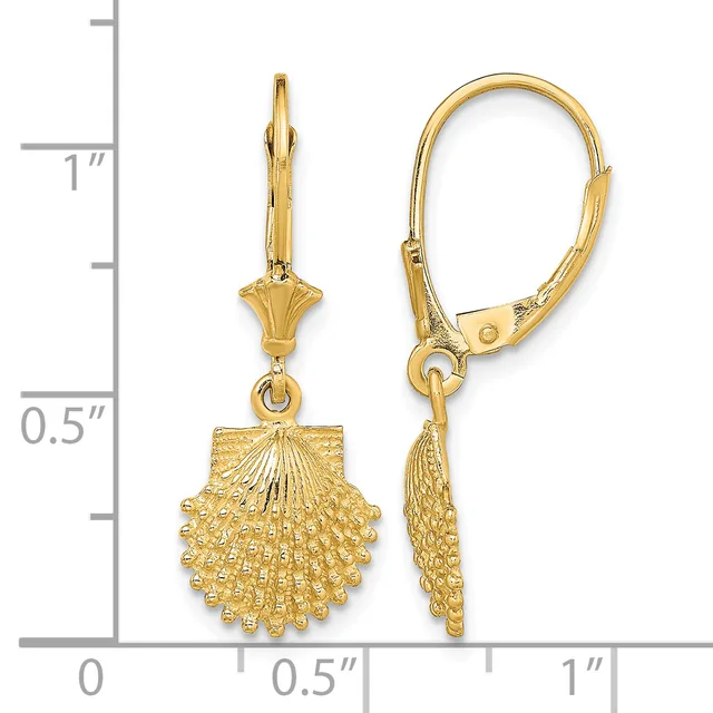 Pair of gold seashell-shaped dangle earrings with lever backs, displayed next to a ruler showing approximately one inch in length.
