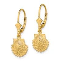 Pair of gold leverback earrings with textured scallop shell-shaped pendants hanging from decorative posts.