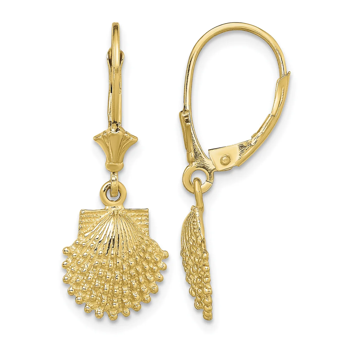Pair of gold seashell-shaped dangle earrings with decorative fan-textured details, shown from front and side views with lever-back closures.