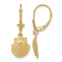 Pair of gold seashell-shaped dangle earrings with decorative fan-textured details, shown from front and side views with lever-back closures.