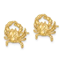 A pair of gold crab-shaped stud earrings with detailed legs and claws, shown from the front against a white background.