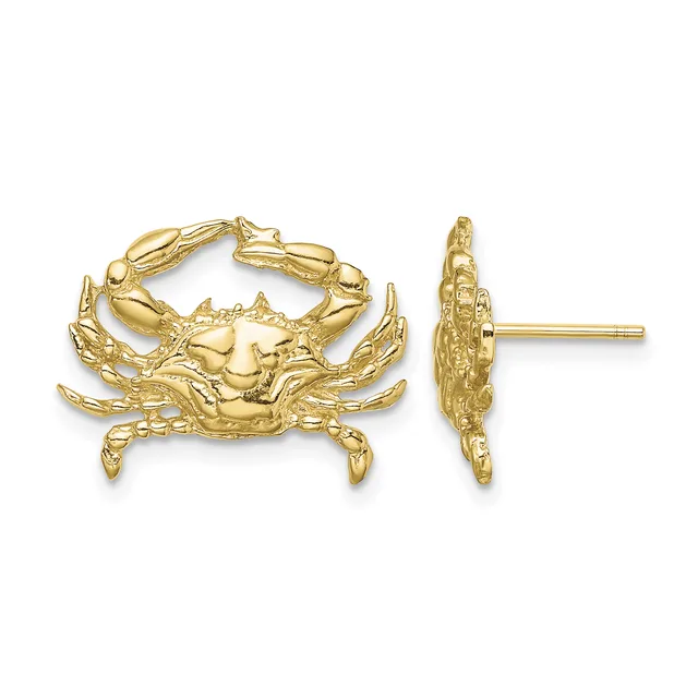 Gold crab stud earrings shown from front and side views, featuring detailed claws and legs with a post and clutch backing.
