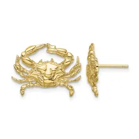 Gold crab stud earrings shown from front and side views, featuring detailed claws and legs with a post and clutch backing.