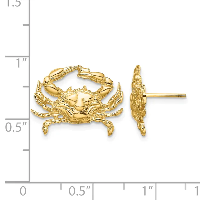 Gold crab earrings shown front and side view next to a ruler measuring approximately one inch wide and one and a quarter inches tall.