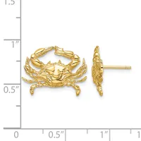 Gold crab earrings shown front and side view next to a ruler measuring approximately one inch wide and one and a quarter inches tall.