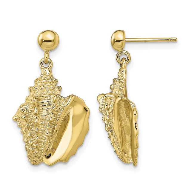 A pair of gold conch shell dangle earrings shown from front and back views, featuring textured shells suspended from polished ball studs.