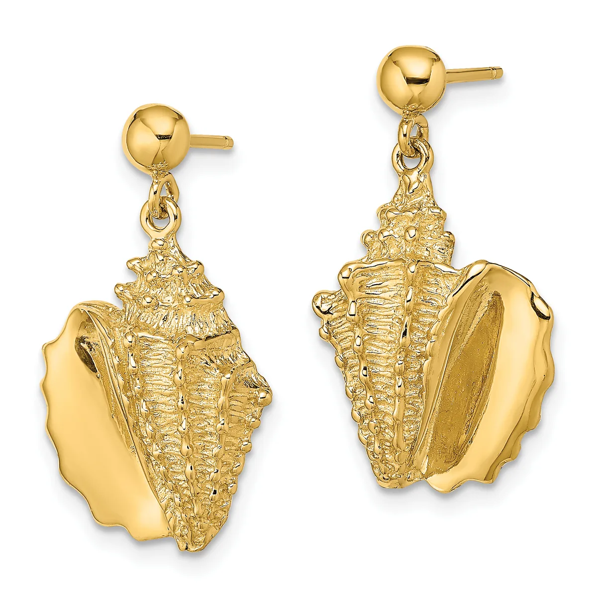 A pair of gold dangle earrings with polished ball studs connected to detailed textured seashell charms shown from front and back views.