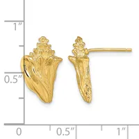 Gold-colored seashell-shaped stud earrings shown from front and side views next to a measurement scale indicating approximately one inch in height.