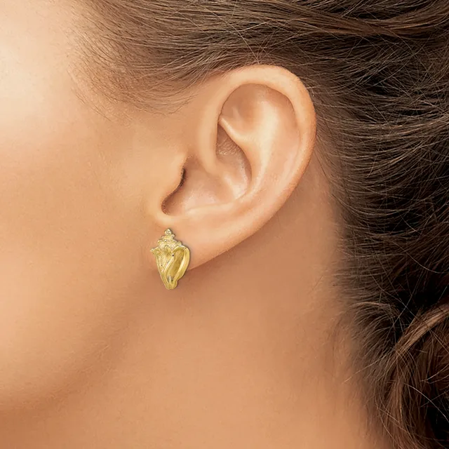 A woman wearing a gold shell-shaped stud earring with textured detail, shown from the side profile of her ear.