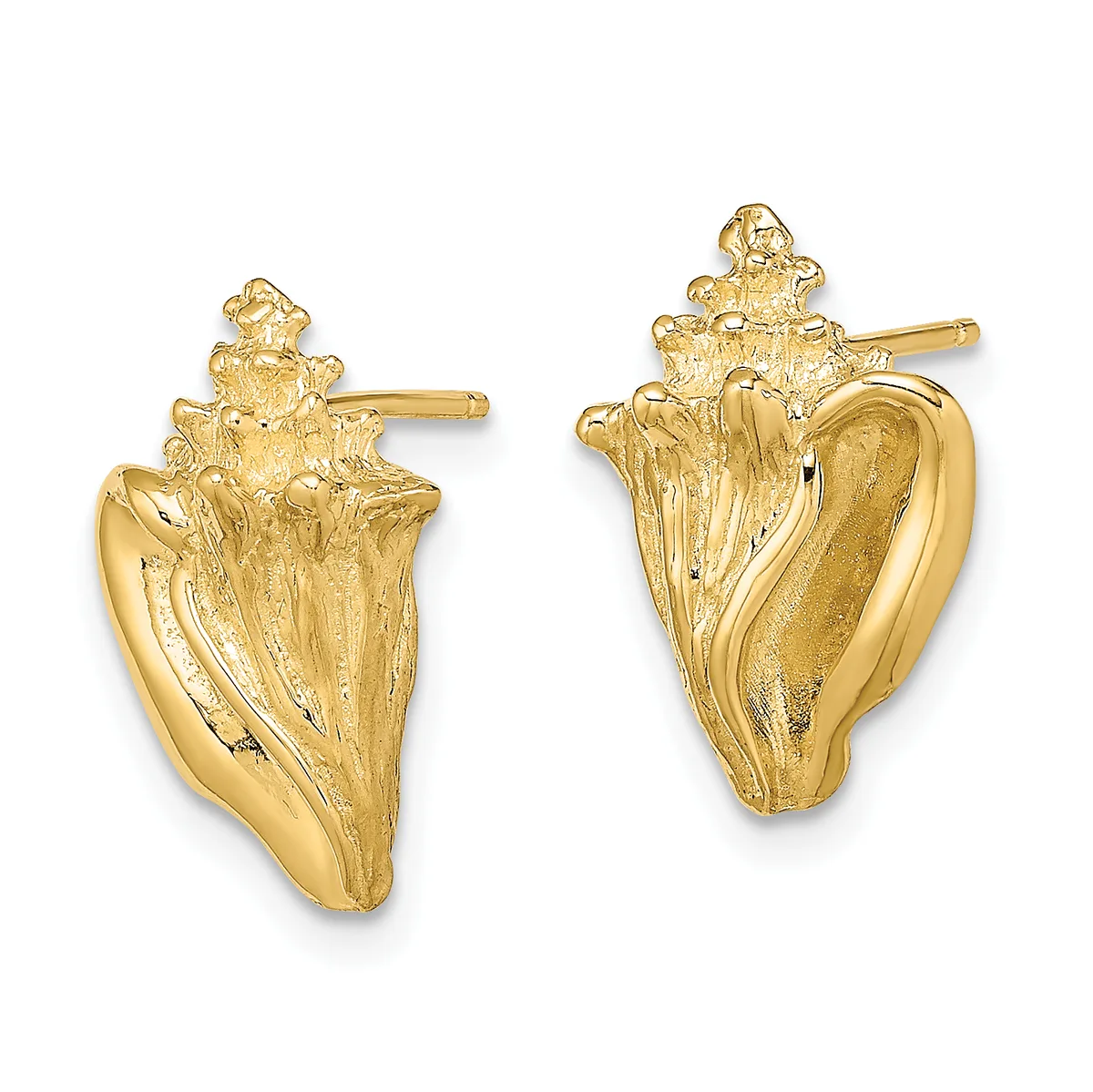 Pair of gold shell-shaped stud earrings with decorative tops, shown from front and back views.