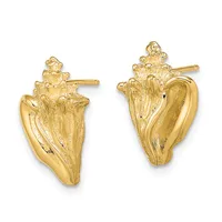 Pair of gold shell-shaped stud earrings with decorative tops, shown from front and back views.