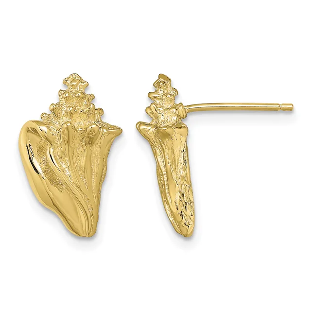A pair of gold stud earrings shaped like conch shells, shown from front and side views against a white background.