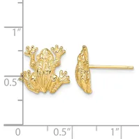 Gold frog-shaped stud earrings with textured detailing shown front and side view against a measurement scale.