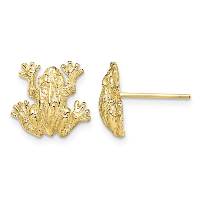 Gold frog stud earrings shown from front and side views, featuring textured details and posts with backs.