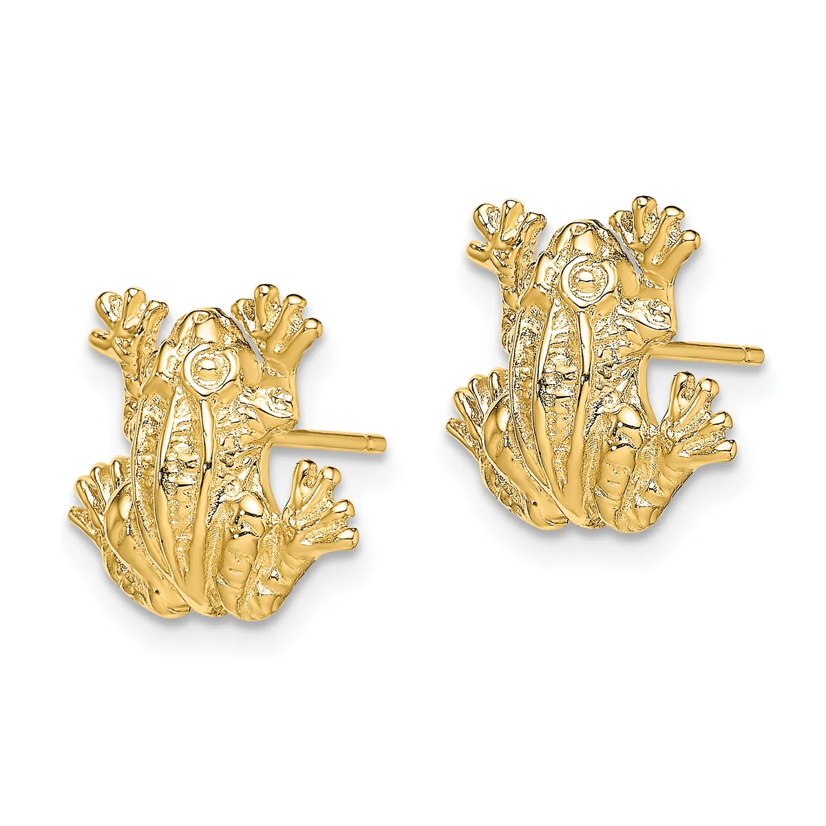 A pair of gold stud earrings shaped like flowering plants or frog designs with textured petals and posts for pierced ears.