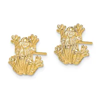 A pair of gold stud earrings shaped like flowering plants or frog designs with textured petals and posts for pierced ears.