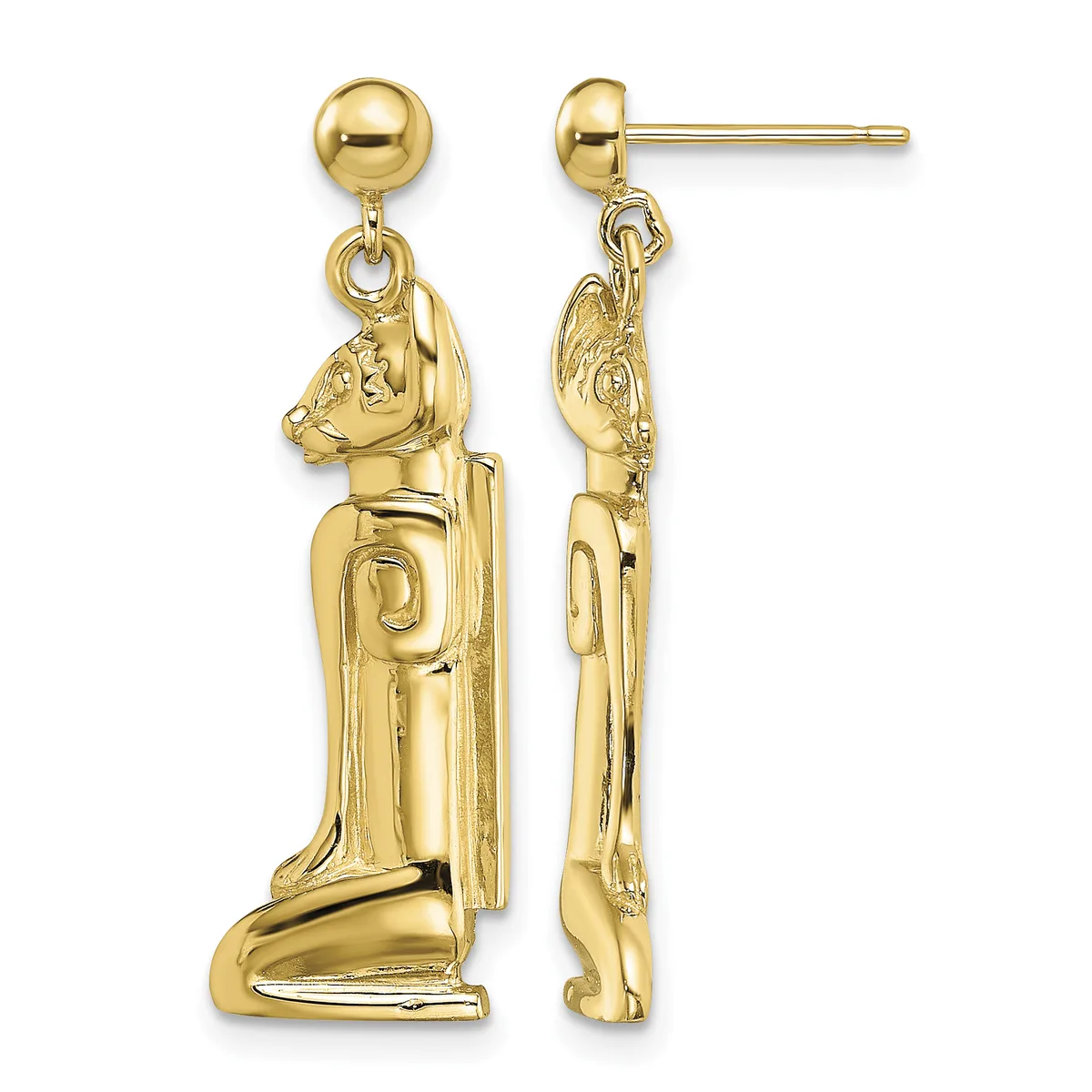Pair of gold Egyptian cat figurine dangle earrings with ball posts, shown from front and side views.