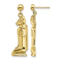 Pair of gold Egyptian cat figurine dangle earrings with ball posts, shown from front and side views.