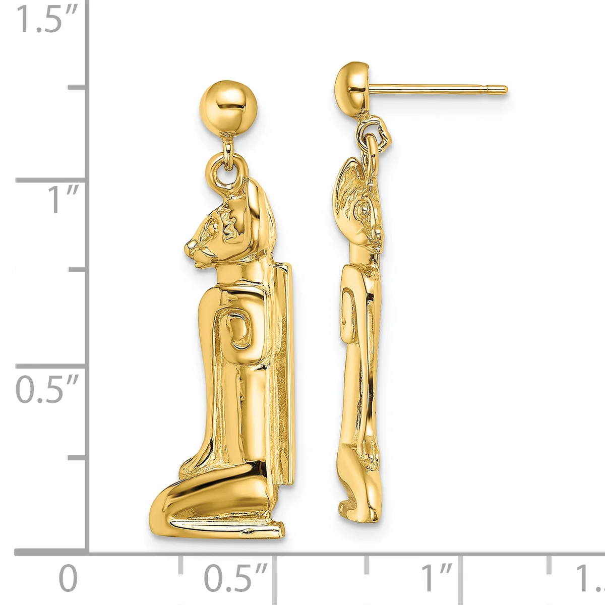 Gold-colored Egyptian Sekhmet cat goddess pendant earrings with ball posts, shown front and back view next to a measurement ruler.