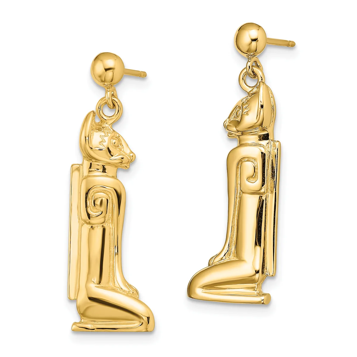 Pair of gold Egyptian Sekhmet goddess dangle earrings with ball studs, shown from front and back views.
