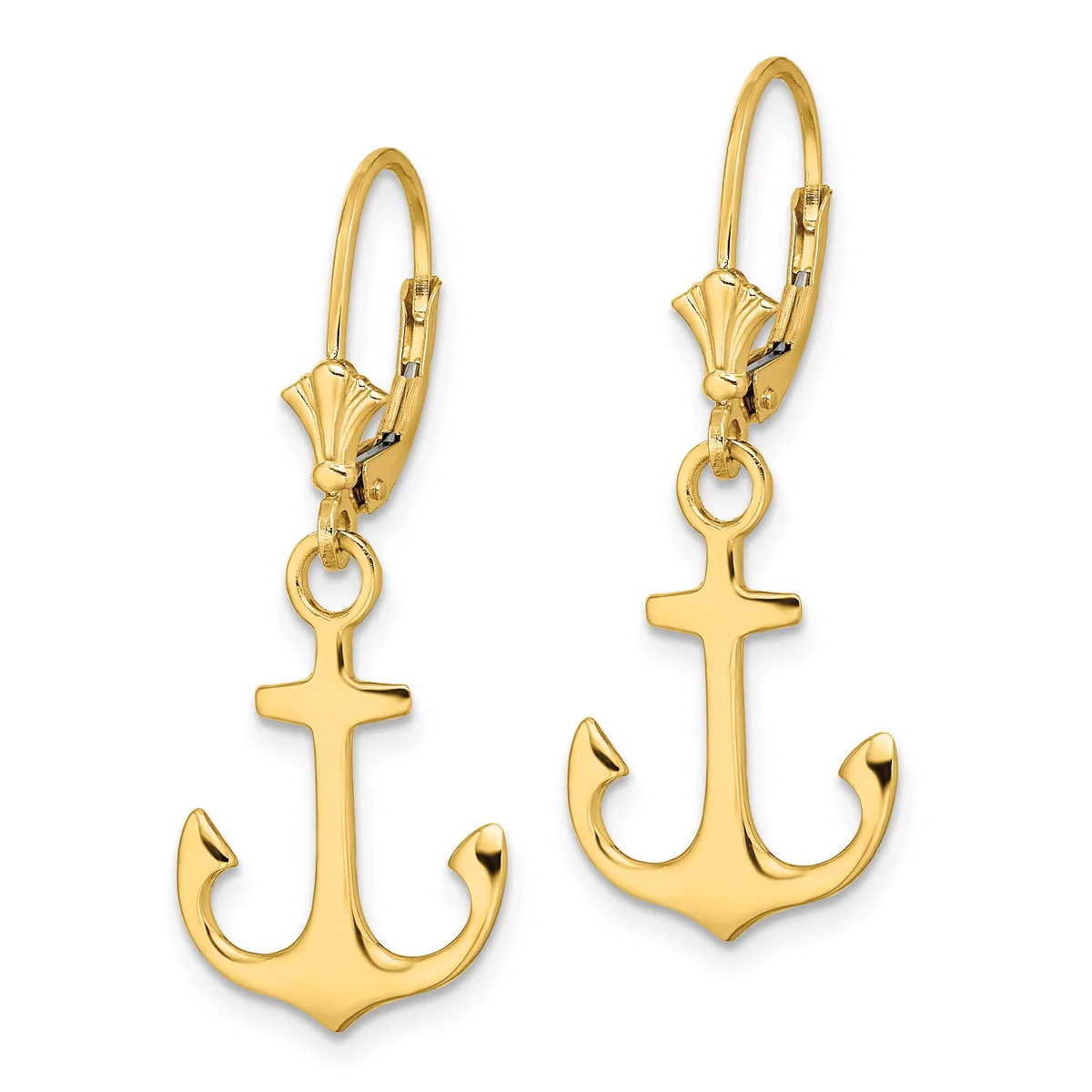 A pair of gold-toned anchor-shaped dangle earrings with lever-back closures displayed against a white background.