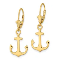 A pair of gold-toned anchor-shaped dangle earrings with lever-back closures displayed against a white background.