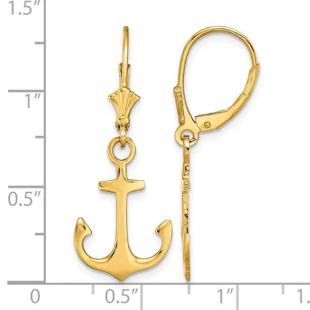 Gold anchor earrings with lever backs displayed next to a ruler showing approximately 1.25 inches in length.