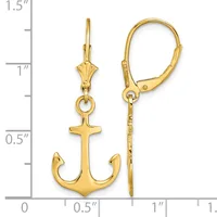 Gold anchor earrings with lever backs displayed next to a ruler showing approximately 1.25 inches in length.