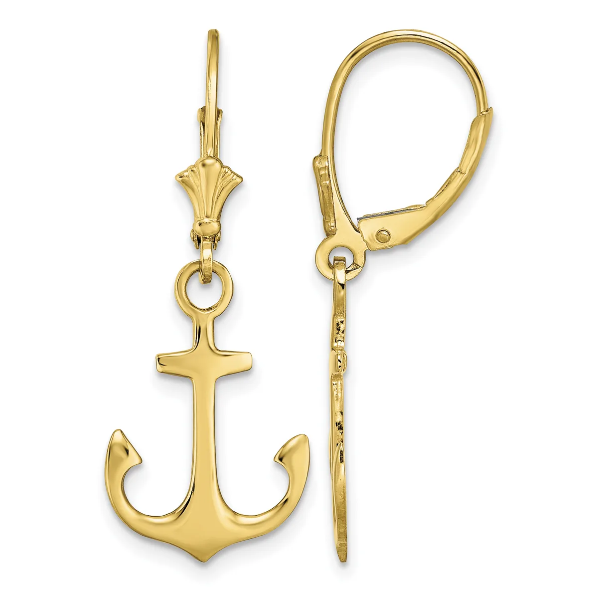 Pair of gold-toned anchor earrings with leverback closures, shown from front and side views.