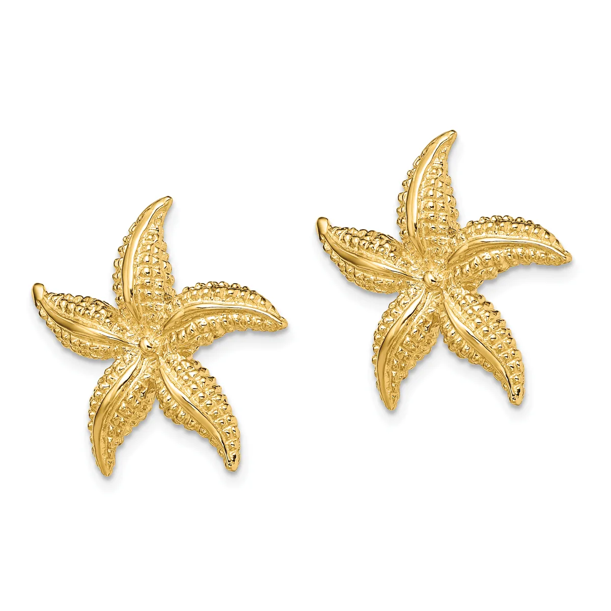 Two gold starfish earrings with textured surfaces and five pointed arms, shown at different angles against a white background.