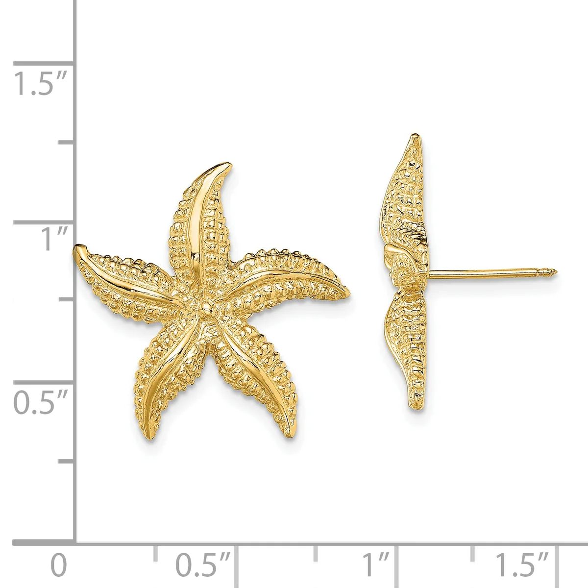 Two gold starfish earrings with textured petals shown front and side view next to a measurement ruler.