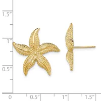 Two gold starfish earrings with textured petals shown front and side view next to a measurement ruler.